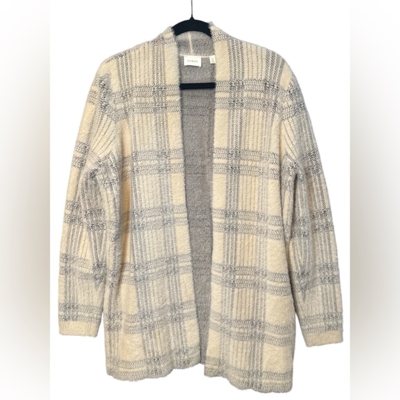 Cyrus Sweaters - Cyrus Plaid Fuzzy Open Front Cardigan Sweater XL Gray Cream